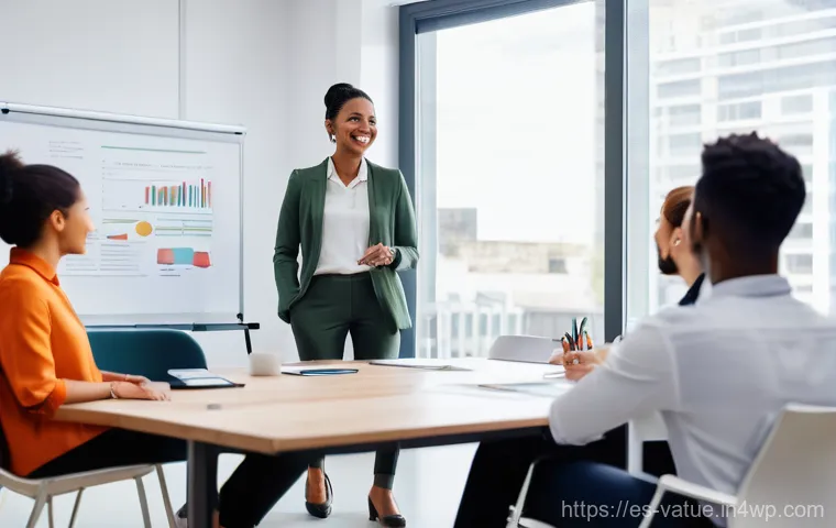 가치 기반 우선순위화와 분산 의사결정 - **Prompt for Delegation and Empowerment:**
    A vibrant, modern office scene filled with a diverse ...