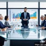Home 18 가치 기반 우선순위화의 외부 요인 분석 - A modern corporate boardroom scene featuring a diverse group of business professionals analyzing dyn...