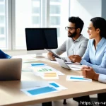 Home 23 조직 내에서 가치 기반 우선순위화 수행하기 - A diverse group of professional team members in a modern office setting, actively engaged in a colla...